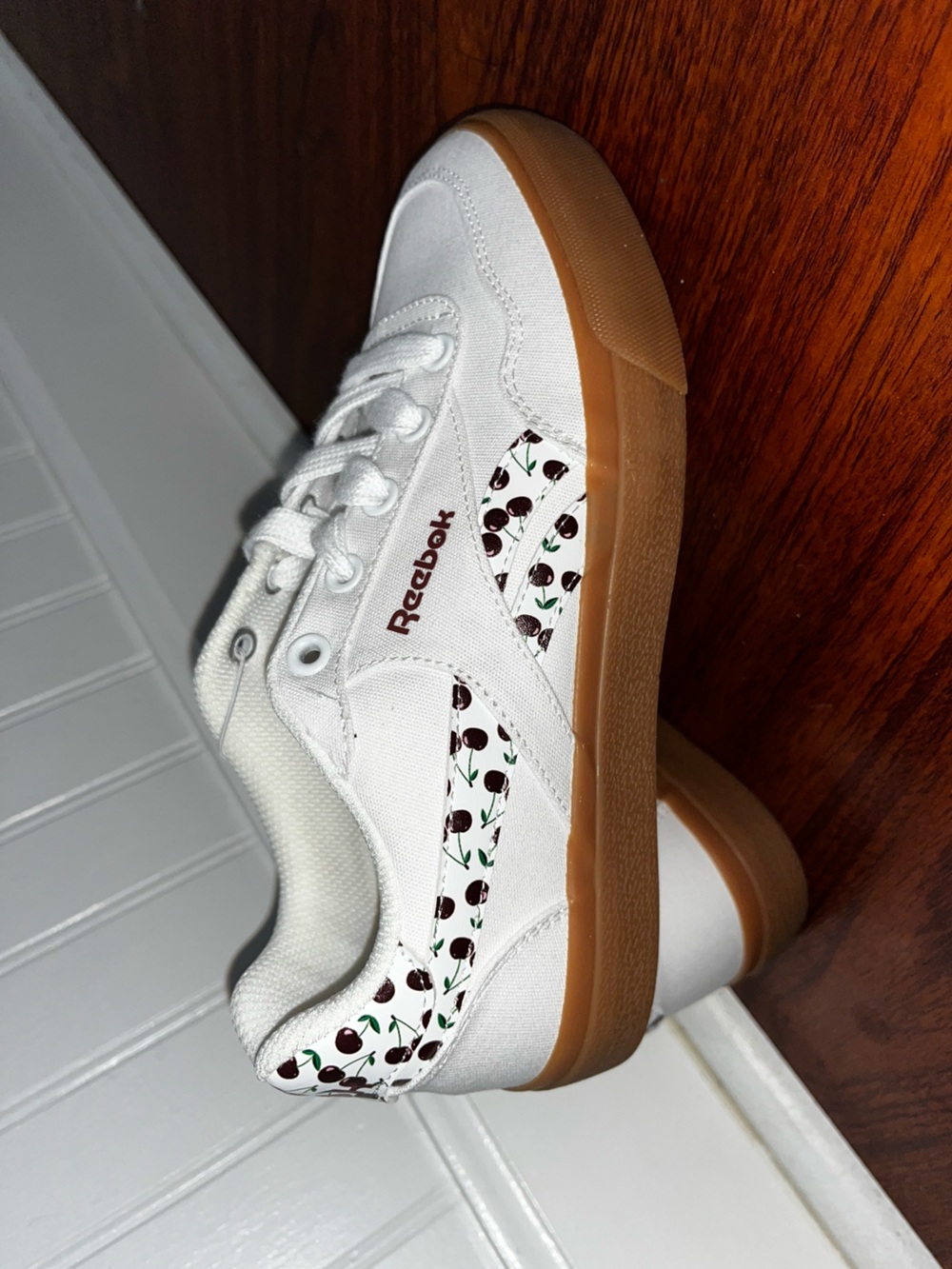 Reebok Kids White Sneakers with Cherry Print and Gum Sole